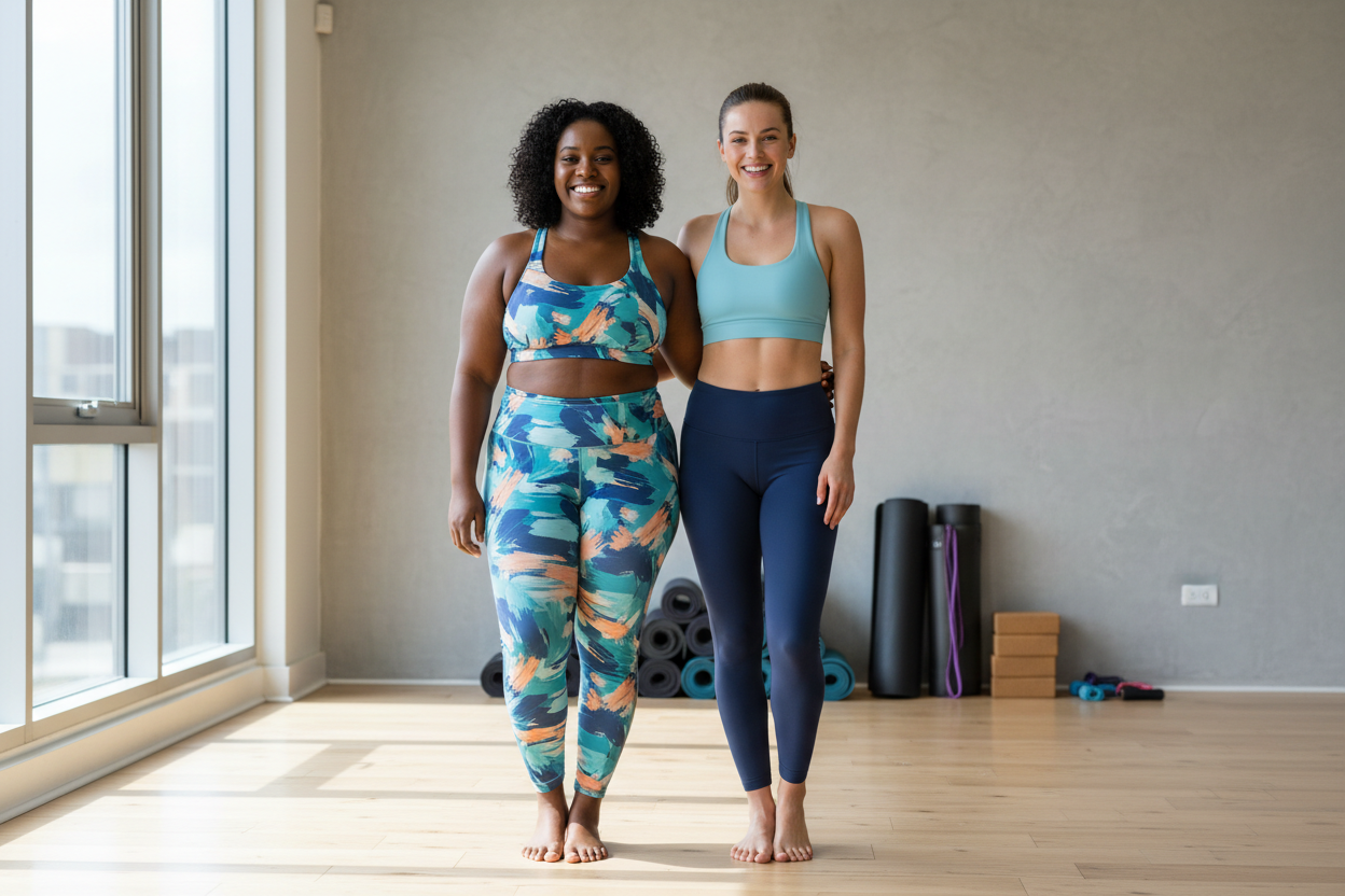 A chubby black woman with a white skinny woman wearing gym attire